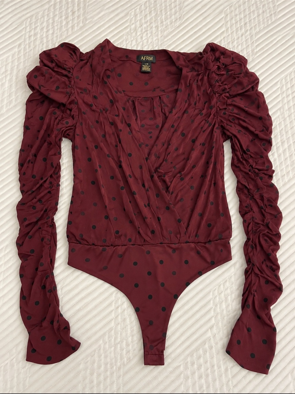 AFRM Burgundy Polka Dot Ruched Long-Sleeve Surplice Bodysuit
